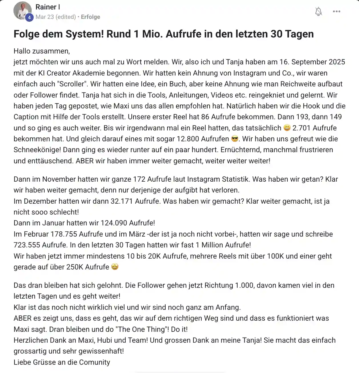 Erfolgsbericht KI Creator Akademie: Rainer und Tanja mit fast 1 Million Aufrufen in 30 Tagen