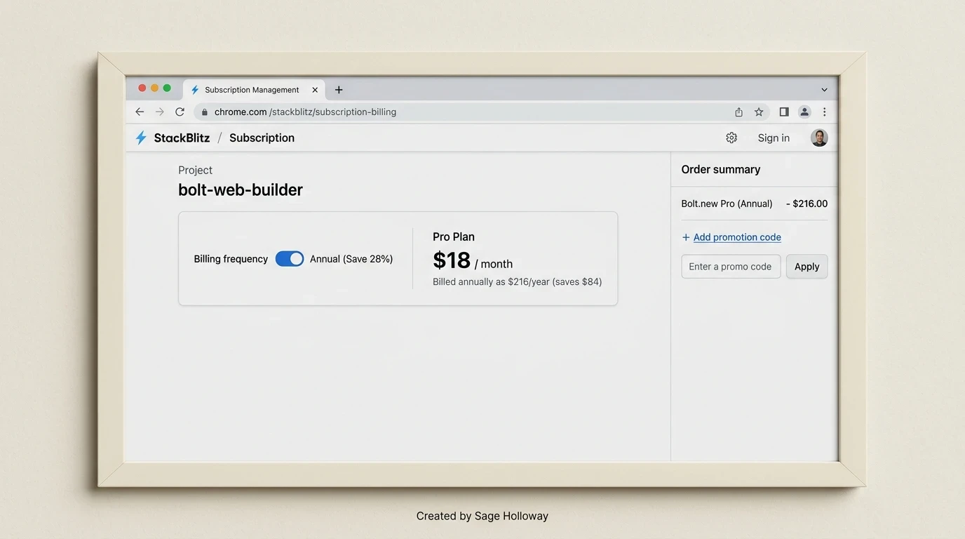 Teaching reconstruction of Bolt.new Stripe checkout portal showing Annual billing toggle with 28% discount and promotion code input field