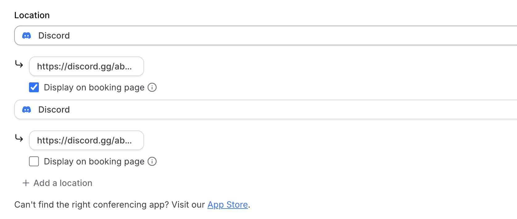 Setting Discord as a location in cal.com.