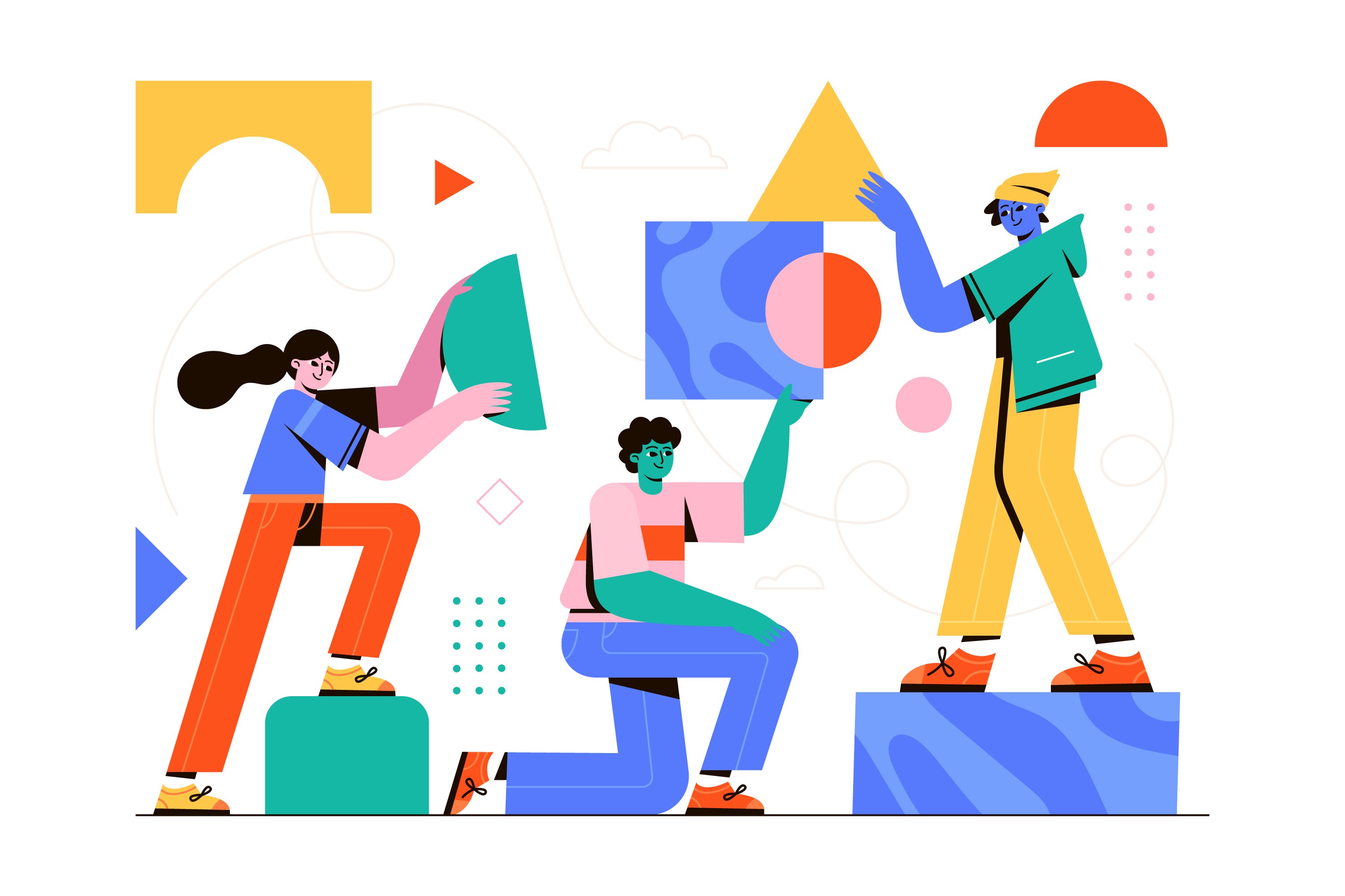 How to build a B2B demand generation framework — illustration of three marketers constructing a modular framework from structured components.