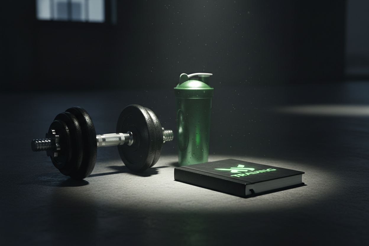 Weekly training notebook with dumbbells and a shaker bottle