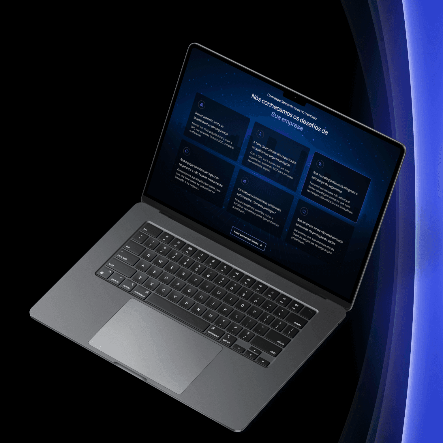 Site institucional da ISH exibido em notebook, destacando soluções de segurança digital