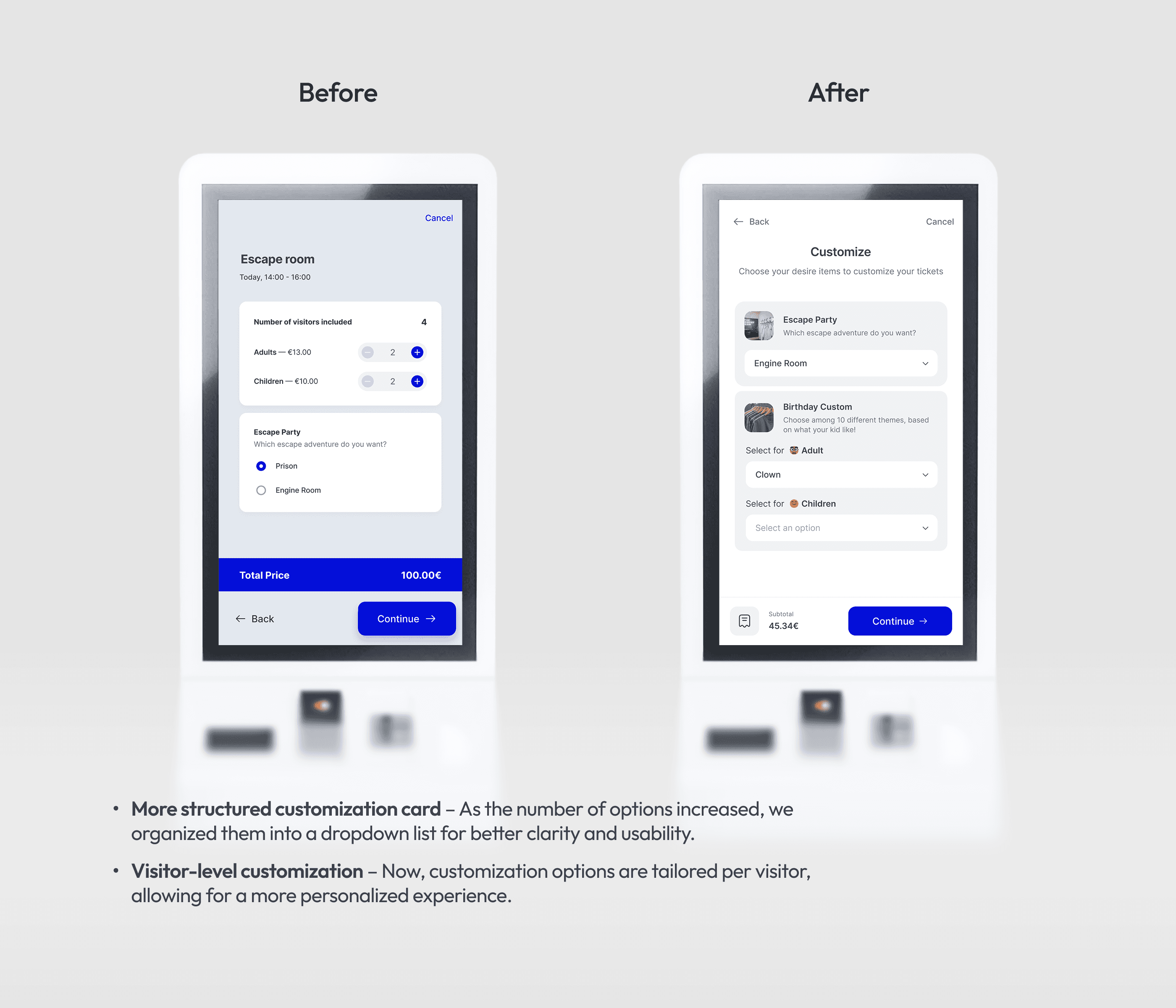 A before-and-after comparison of the kiosk's user interface, showing key enhancements made after user testing.