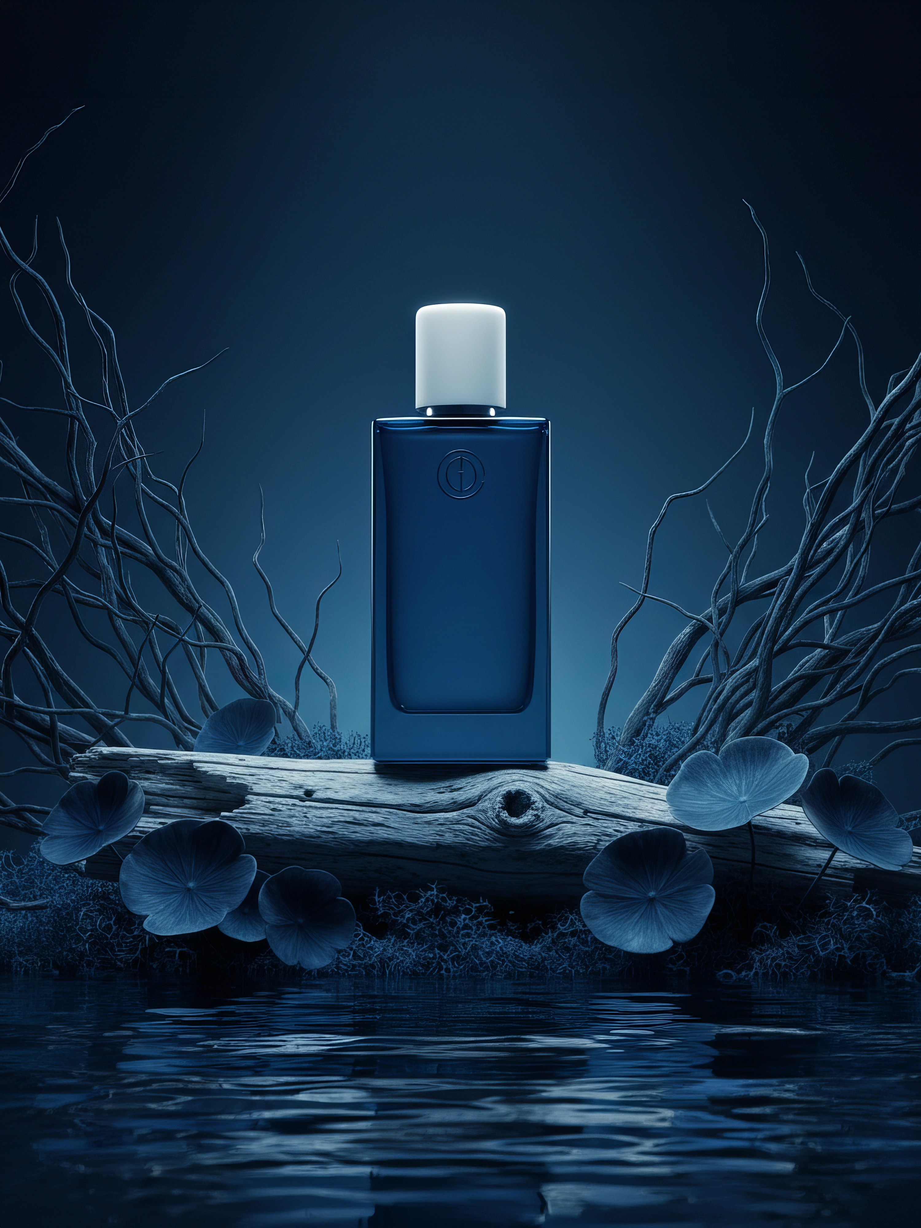 Render 3d in stile advertising di boccetta di profumo blu, circondata da elementi di scena anch’essi blu come fiori pezzi di legno. La boccetta si riflette in uno specchio d’acqua nel foreground.