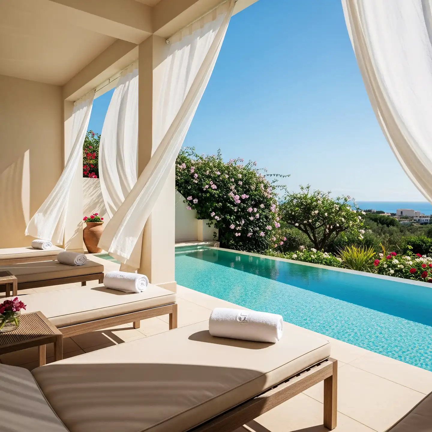 Outdoor pool area with sun loungers and relaxing seating space