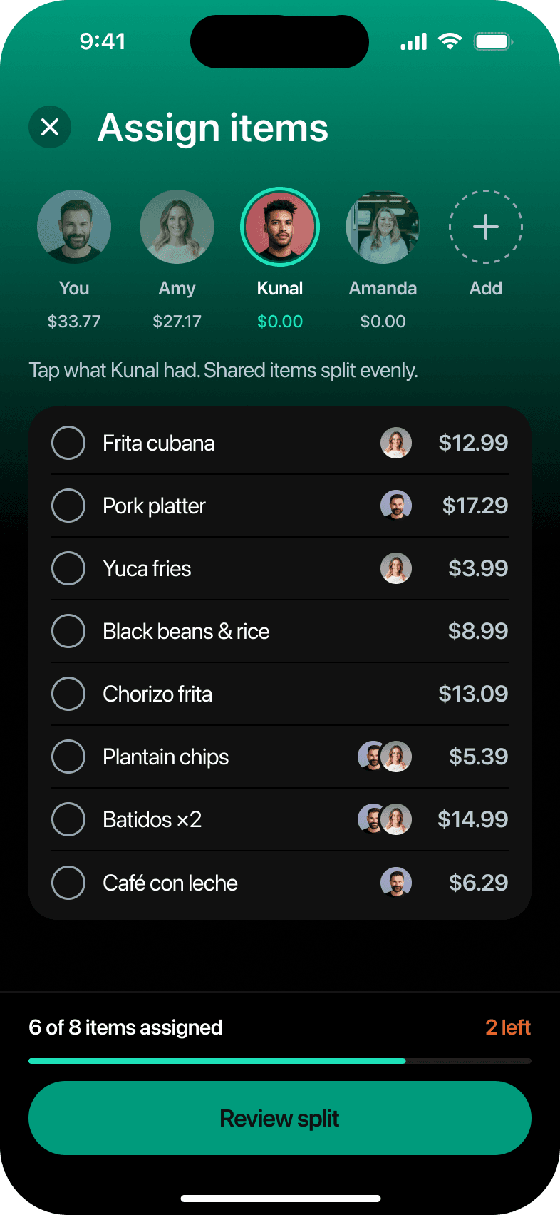 Assign items, Kunal selected, 10 taps in