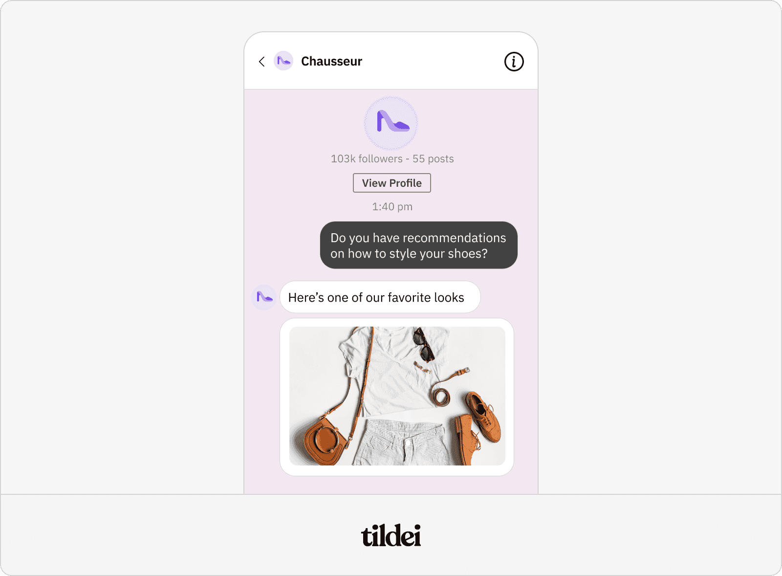 An Instagram DM conversation between a brand and a person illustrating how images render in DMs.