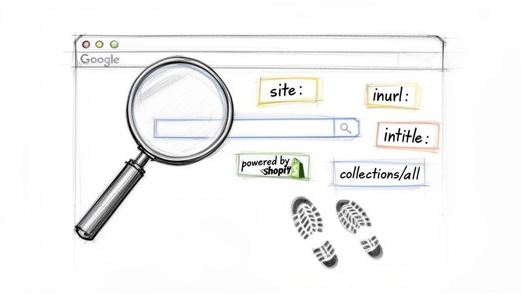 Google search bar with a magnifying glass, displaying advanced search operators (site:, inurl:, intitle:) for finding Shopify stores.