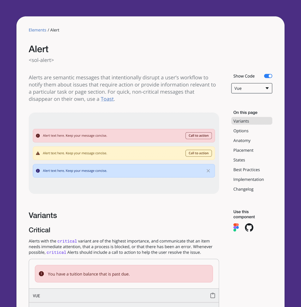 A mockup of a design system component documentation page for an "Alert" component with visuals and text descriptions.