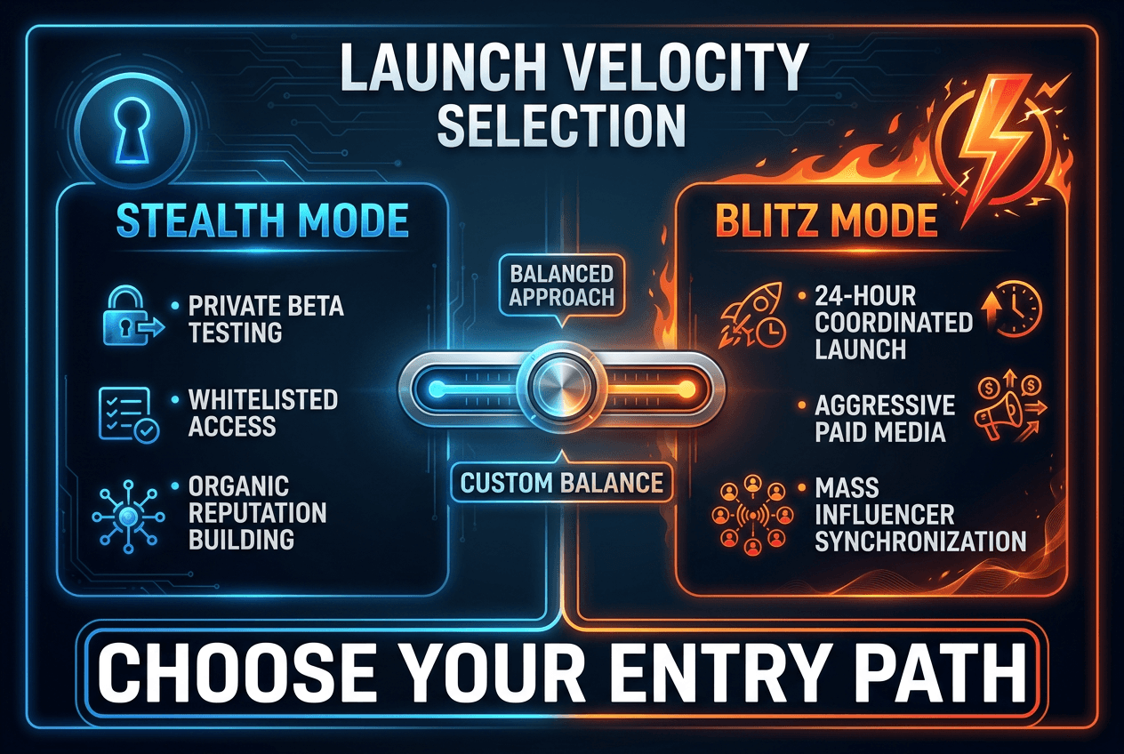 Comparison chart of Web3 marketing launch strategies: Stealth Mode versus Blitz Mode, featuring key tactics for each project growth phase.