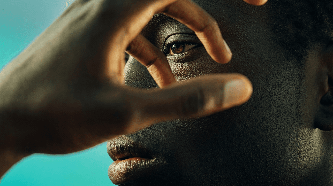 Man covering face with hand, wearing a ring.