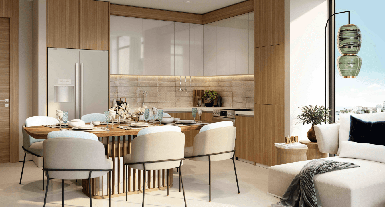 A stylish living room design from the Seagate oceanfront development, showcasing ocean views and contemporary furnishings.