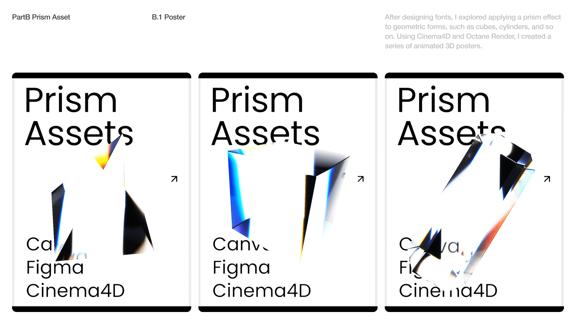After designing fonts, I explored applying a prism effect to geometric forms, such as cubes, cylinders, and so on. Using Cinema4D and Octane Render, I created a series of animated 3D posters.