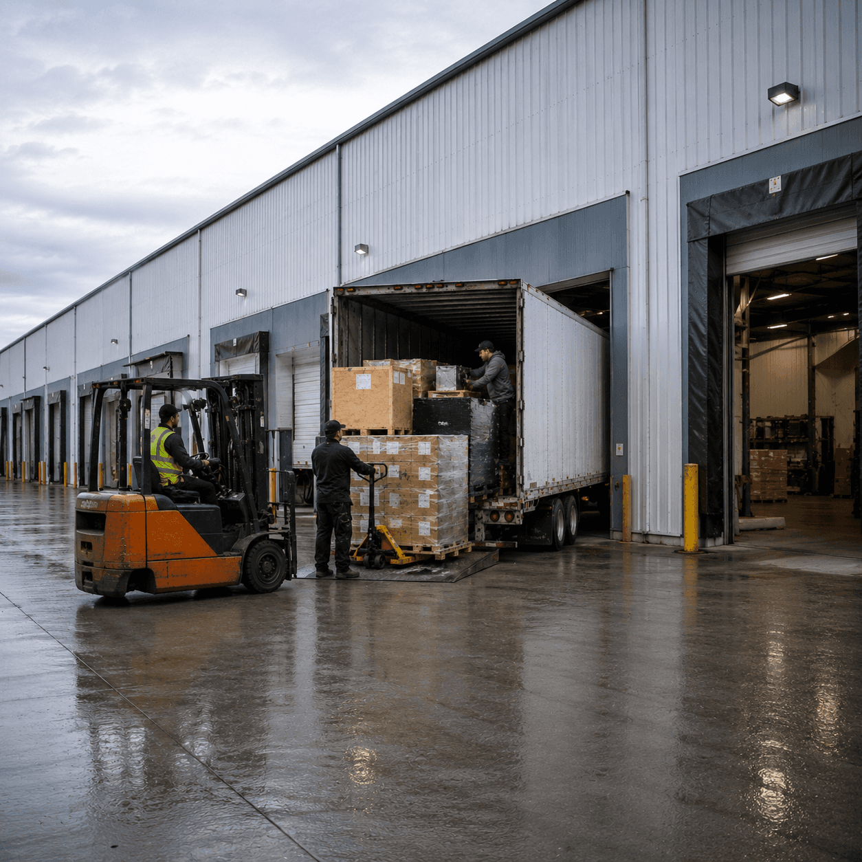 Workers loading palletized goods into a truck using a forklift and pallet jack at a warehouse dock, showing an LTL shipment being handled.