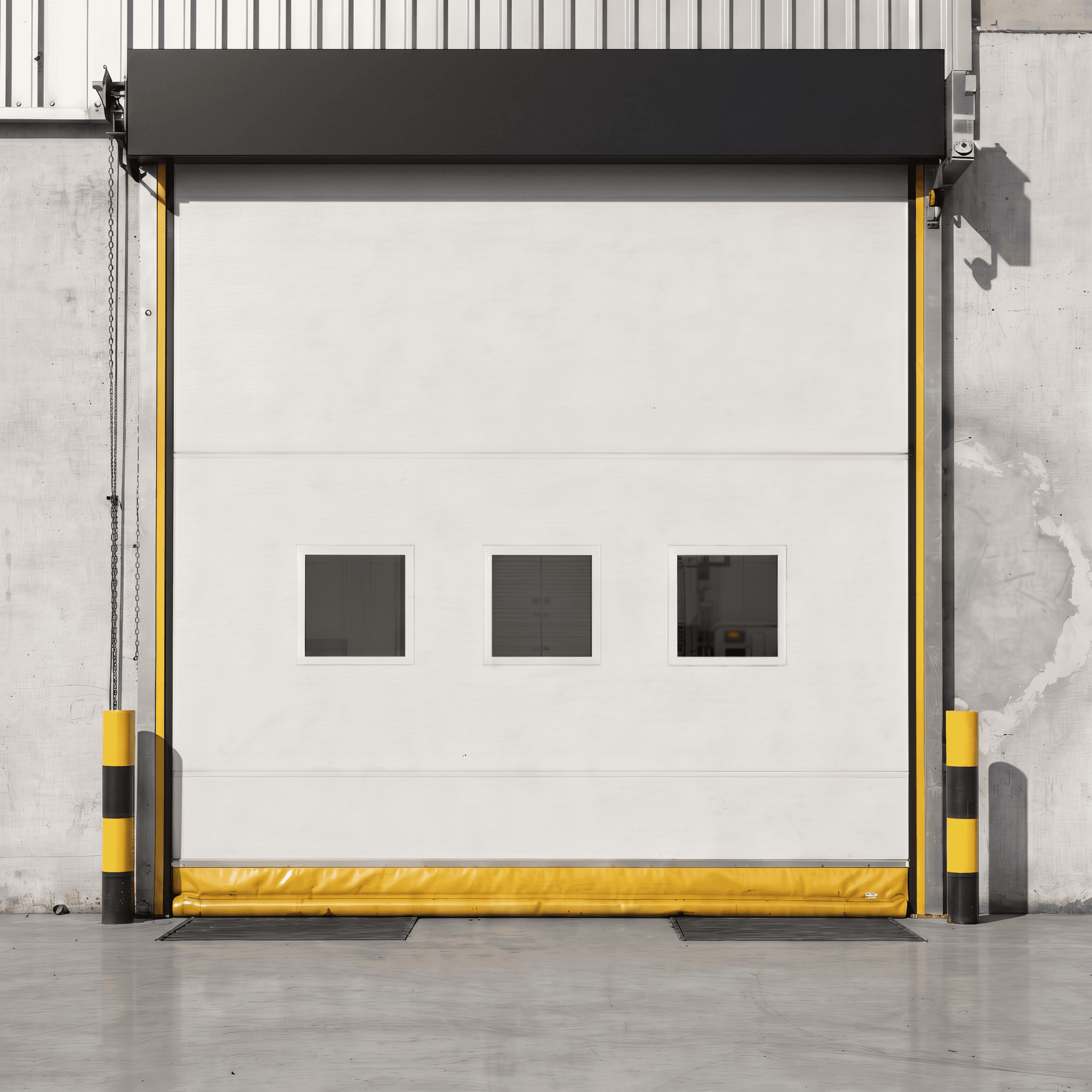High-speed fabric roll-up door installed in a commercial warehouse loading bay. Featuring a white flexible curtain with three vision windows, yellow safety bottom edge, and protective yellow bollards for high-traffic industrial environments.