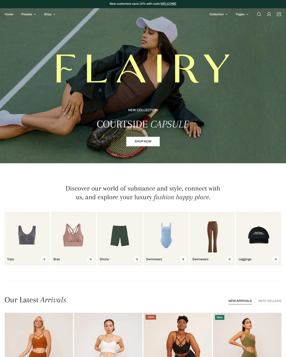A screennshot of a website Laid-back woman in a black blazer and white cap lounges on tennis court, emphasizing relaxed elegance. Large text reads "FLAIRY" with "COURTSIDE CAPSULE" below.