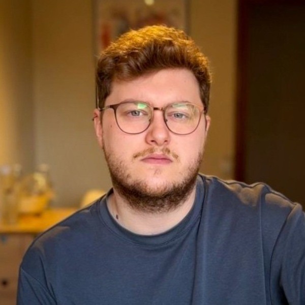Portrait of a small brown dog on yellow background