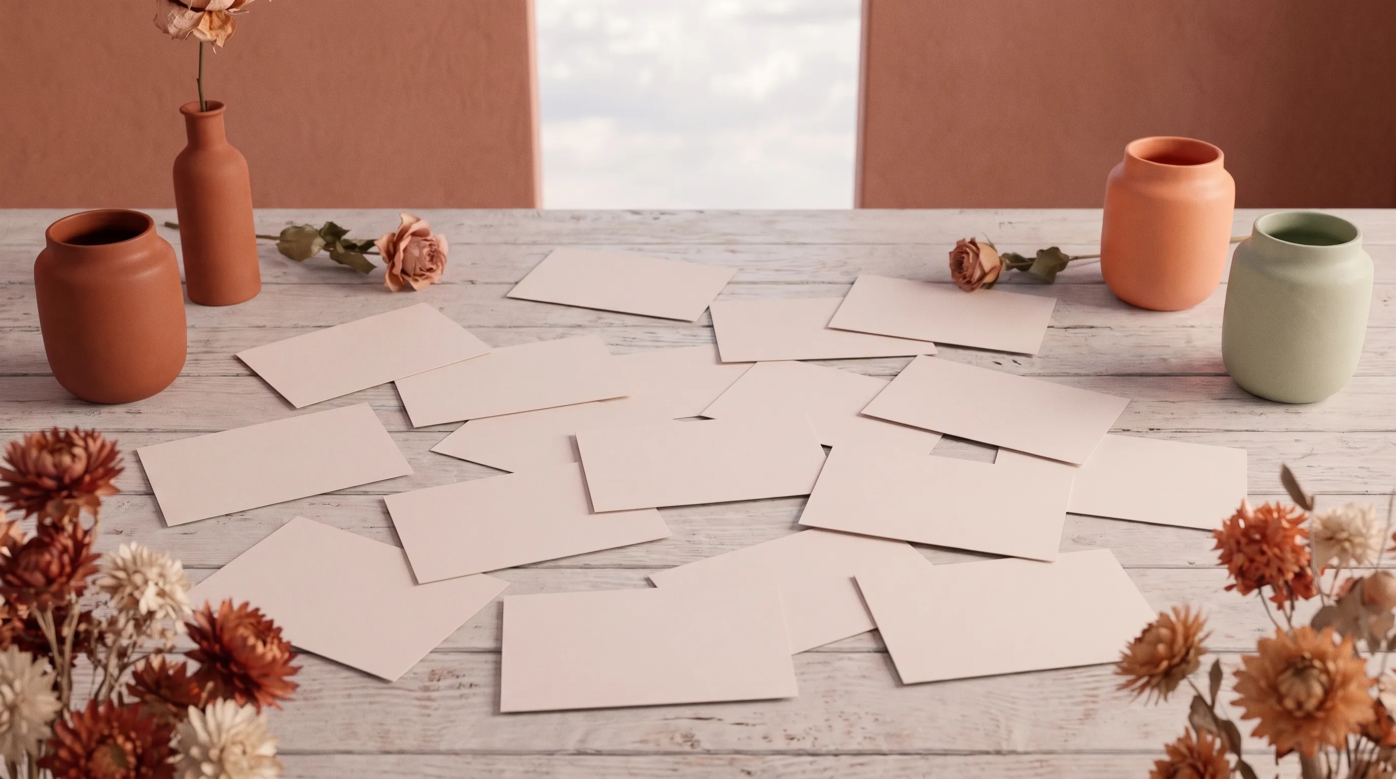 A loose scatter of blank unmarked paper cards spread across a bare wooden table