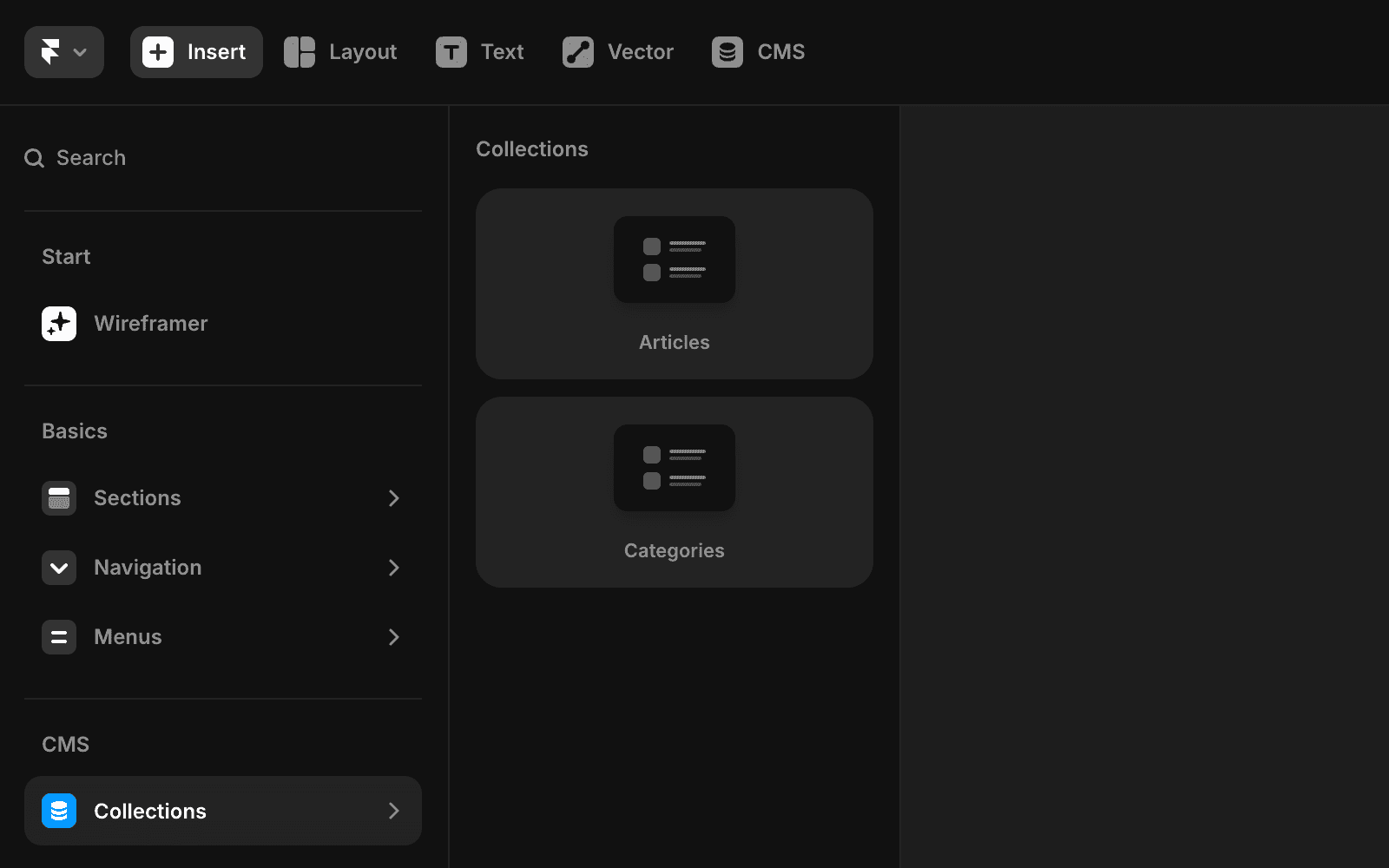 Framer 插入菜单中显示的集合部分。菜单中列出了两个可用的 CMS 集合：'文章' 和 '分类'，每个都用列表图标表示。左侧边栏显示导航选项，包括开始、线框图、基础组件（含区块、导航和菜单）以及 CMS 集合。顶部工具栏包含插入、布局、文本、矢量图形和 CMS 选项。