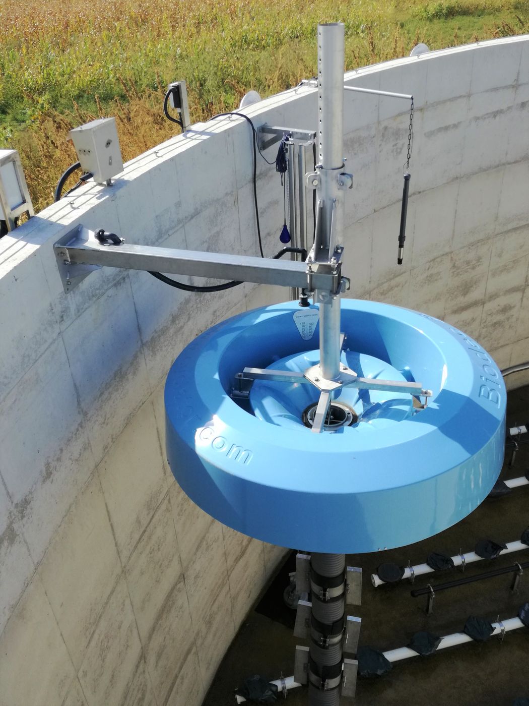 Close-up of a BIODEC floating decanter at the Boldog municipal wastewater treatment plant, Hungary