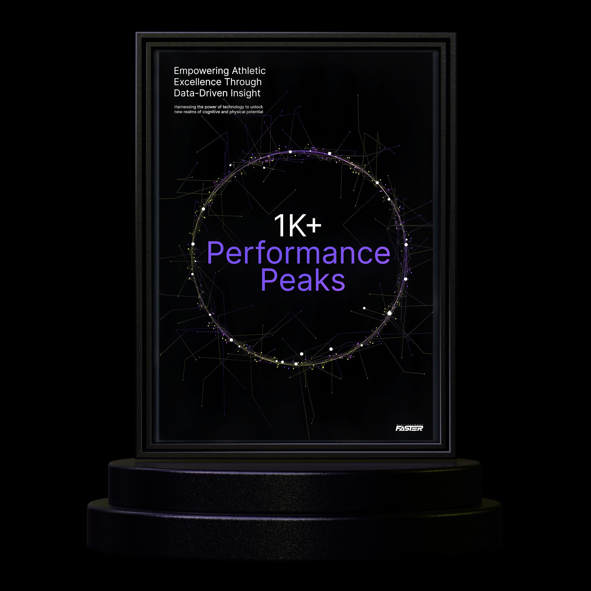 Outdoor display: '1K+ Performance Peaks' shown with connected dots in circular pattern on dark background, emphasizing athletic excellence via data-driven insights.