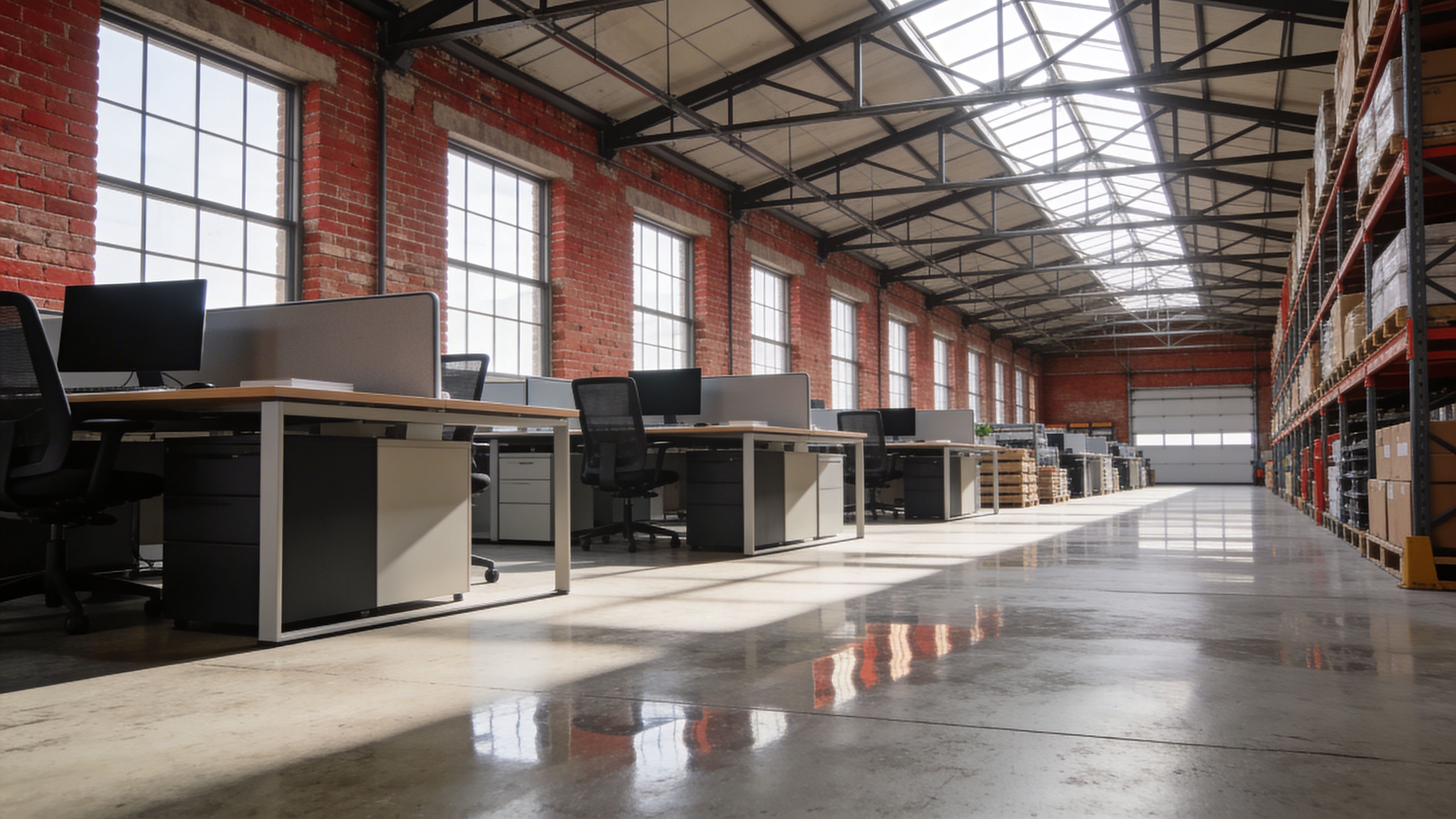 Modern industrial workspace combining office desks with warehouse storage, featuring exposed brick walls and natural skylight
