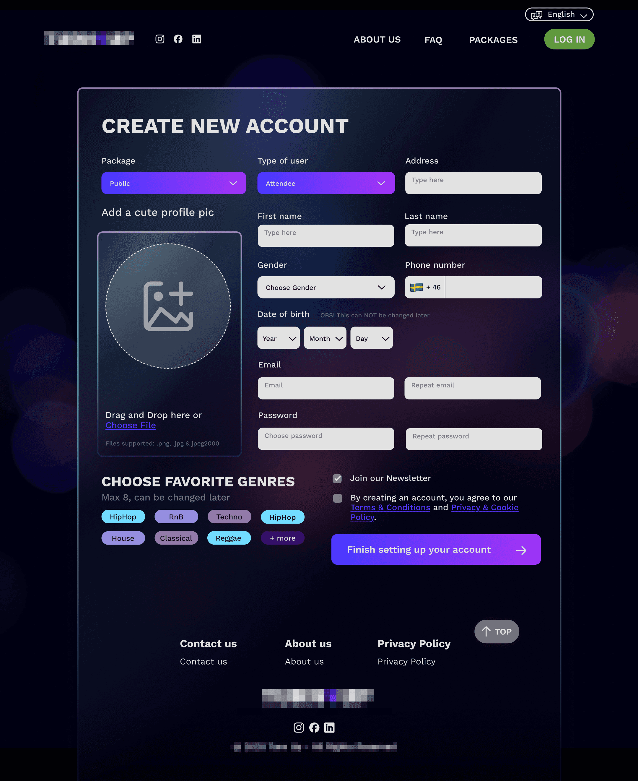 A digital interface displaying a form for user input with fields like email, password, and dropdown menus.