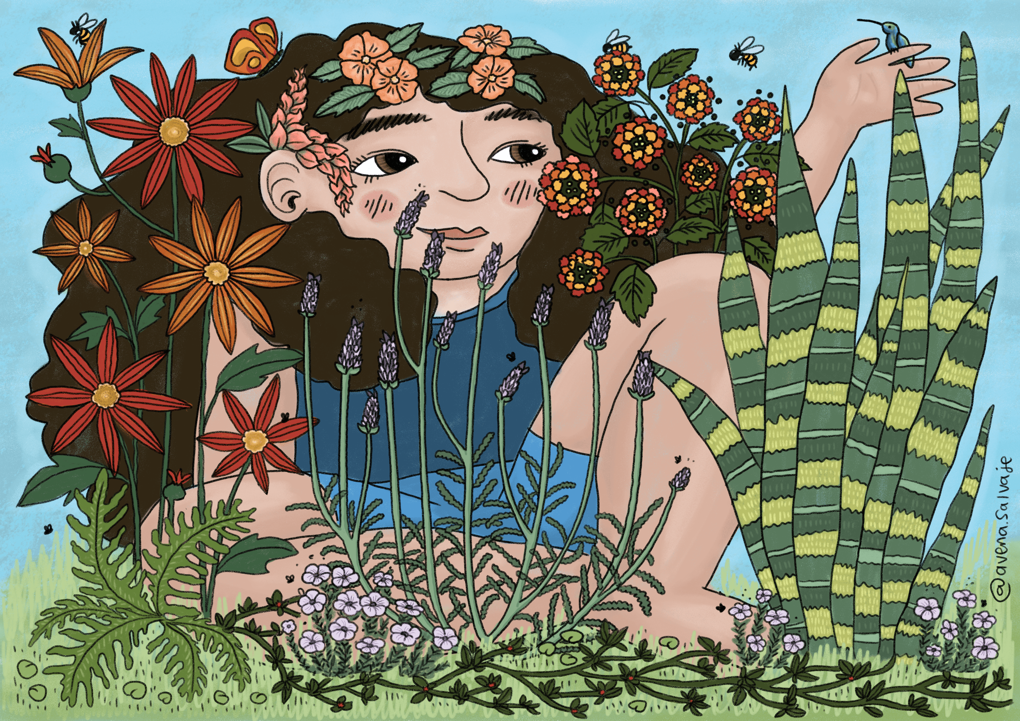 Ilustracion de rostros de mujeres de los cuales se desprenden flores y mariposas