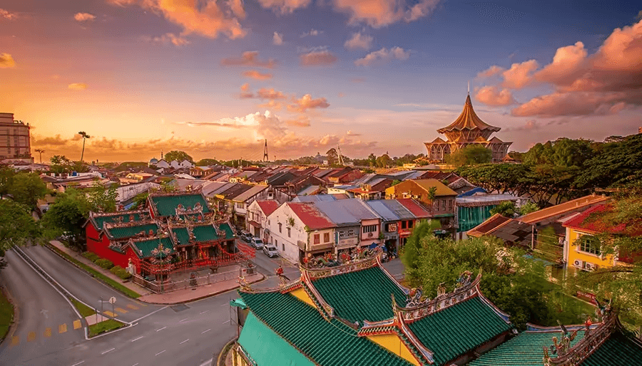 This image captures a panoramic view of Kuching