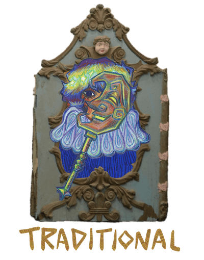 artwork portfolio section button, with image of an antique carrousel frame containing Celestial Wards Series ceramic sculpture set