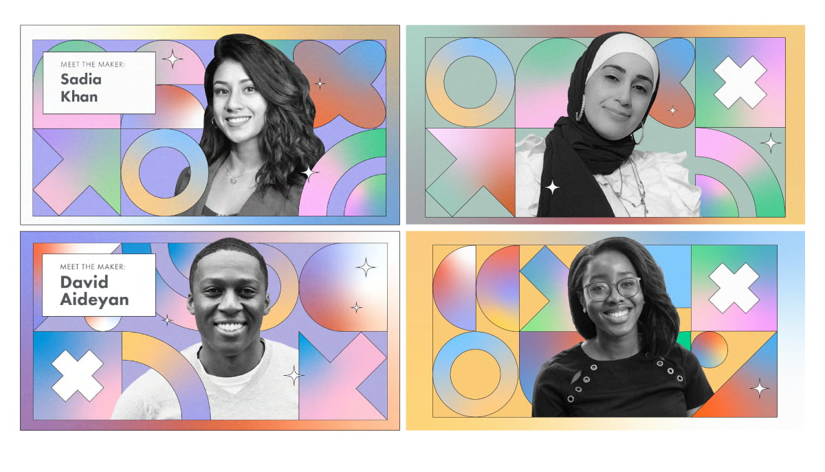 Four portraits of Wealthsimple employees each nested in an arrangement of geometeric shapes on a grid with gradients using the same color system