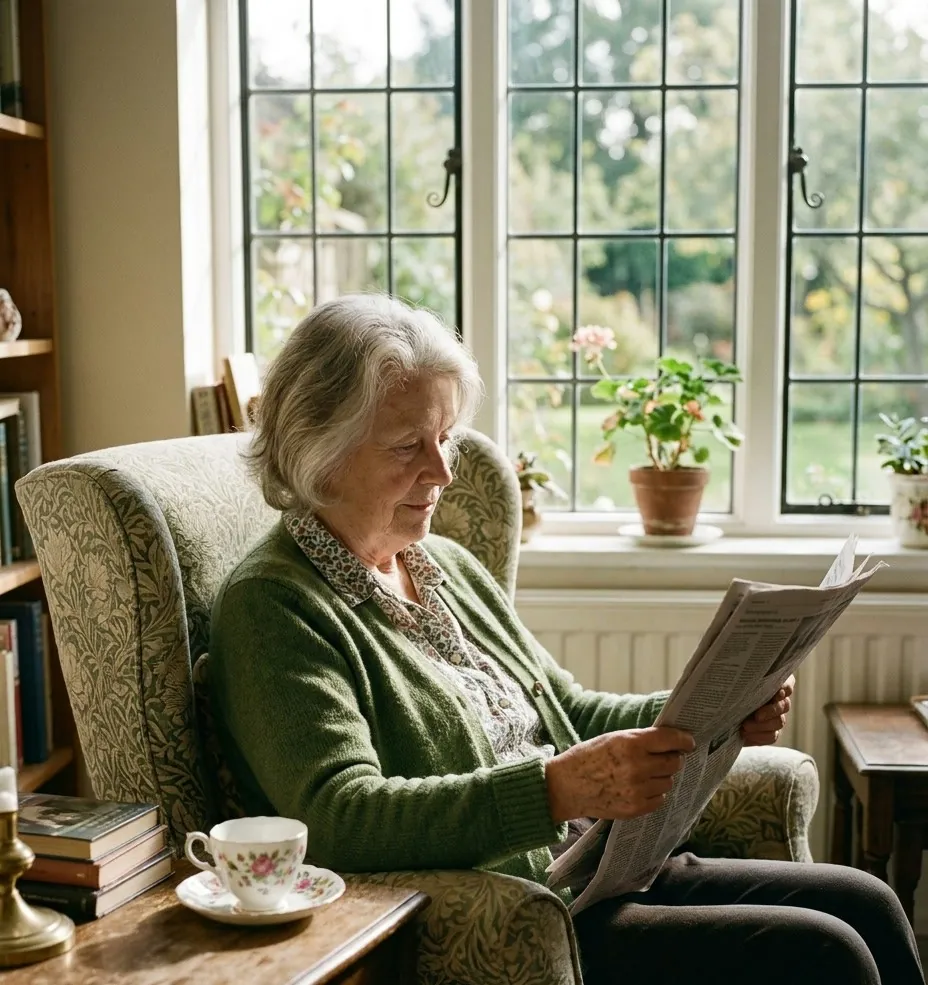 A resident reading the newspaper in her armchair with a cup of tea