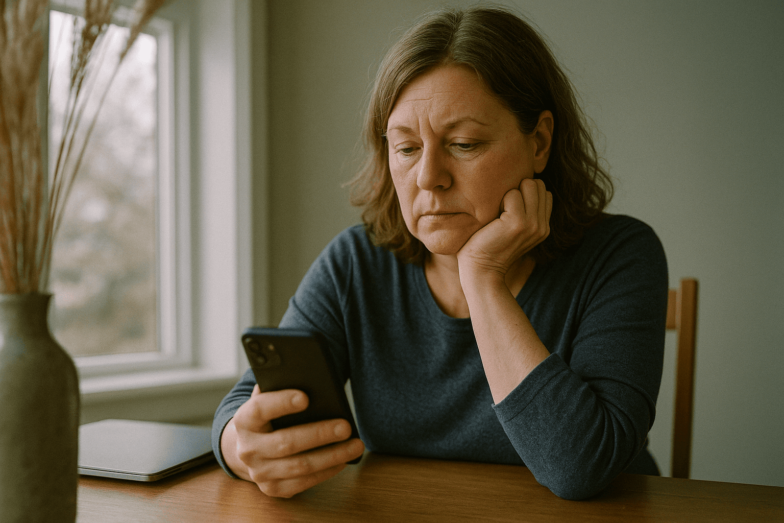 A middle-aged woman sits pensively at a dining table looking at her phone in soft window light.