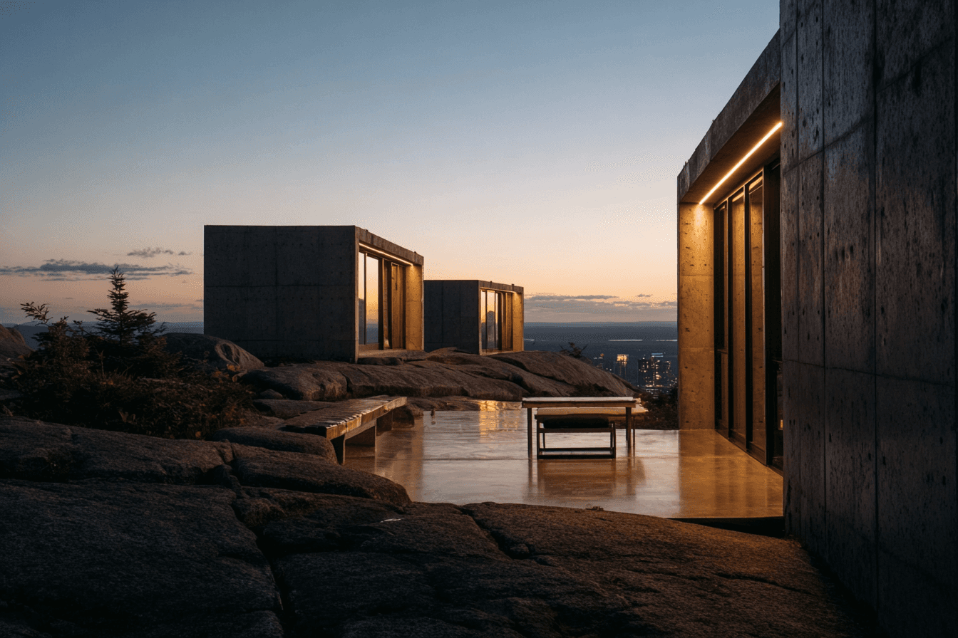Three modern concrete cabins with large floor-to-ceiling windows sit atop a rugged, rocky mountain ridge at twilight, overlooking a distant city skyline below.
