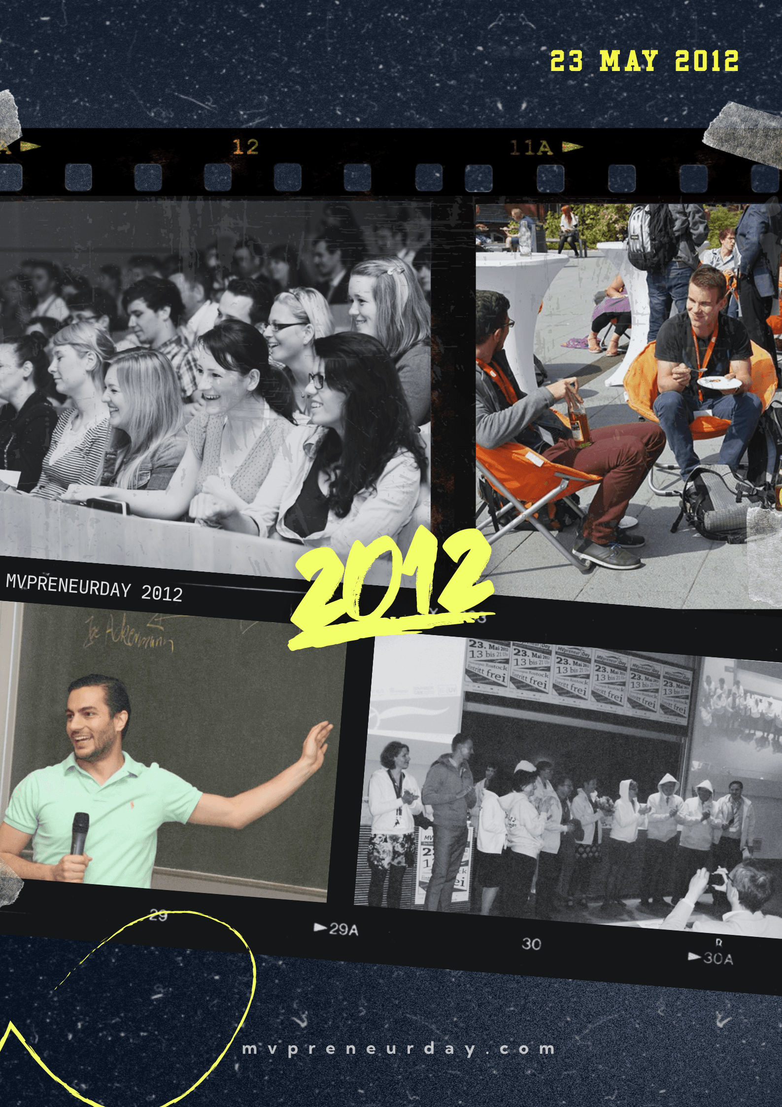 Historische Collage des MVPRENEUR Day 2012: Vorträge, Bühnenbilder und das erste Eventjahr. Zahl „2012“ hervorgehoben.
