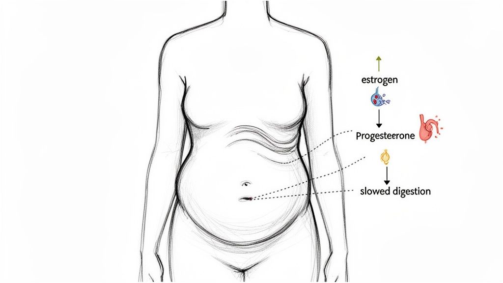 Diagram illustrating how estrogen, progesterone, and slowed digestion affect a woman's abdomen.