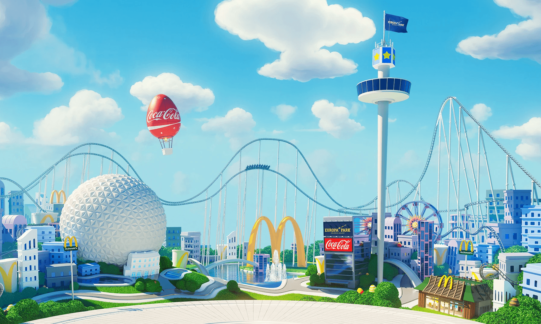 A vibrant cartoon landscape with roller coasters, fluffy clouds, and a bright blue sky in the background.