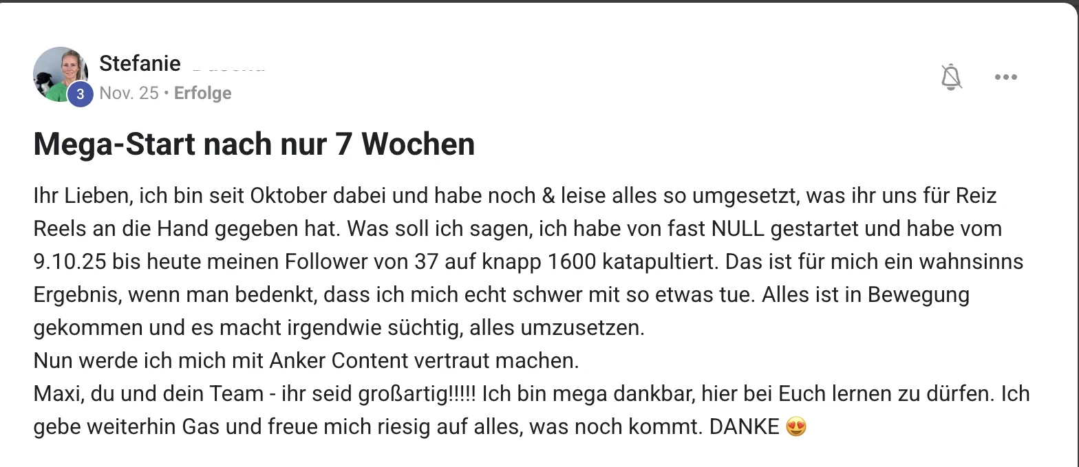 Erfahrungsbericht KI Creator Akademie: Stefanie wächst in 7 Wochen von 37 auf knapp 1.600 Follower