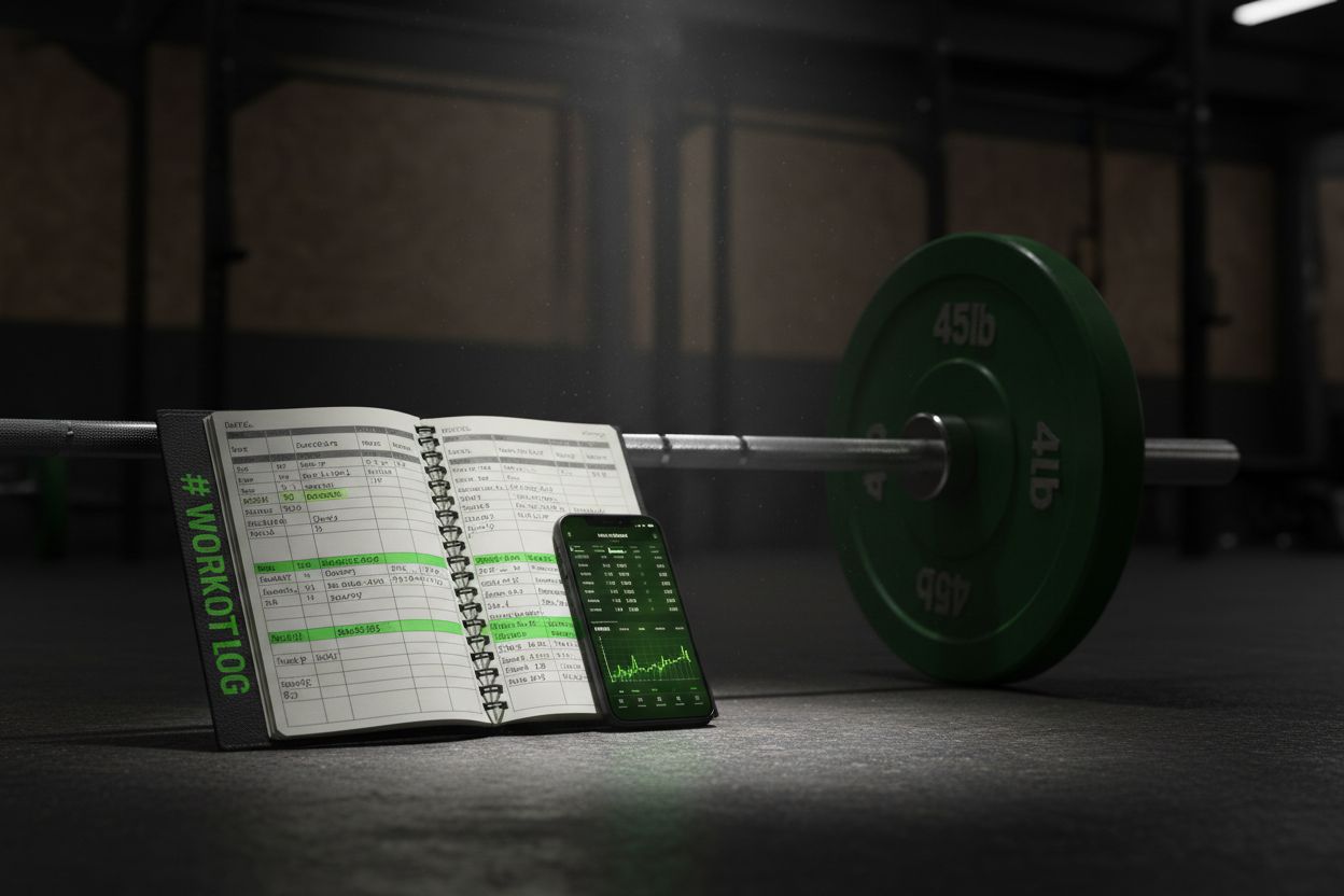 A notebook and phone used to track gym progress