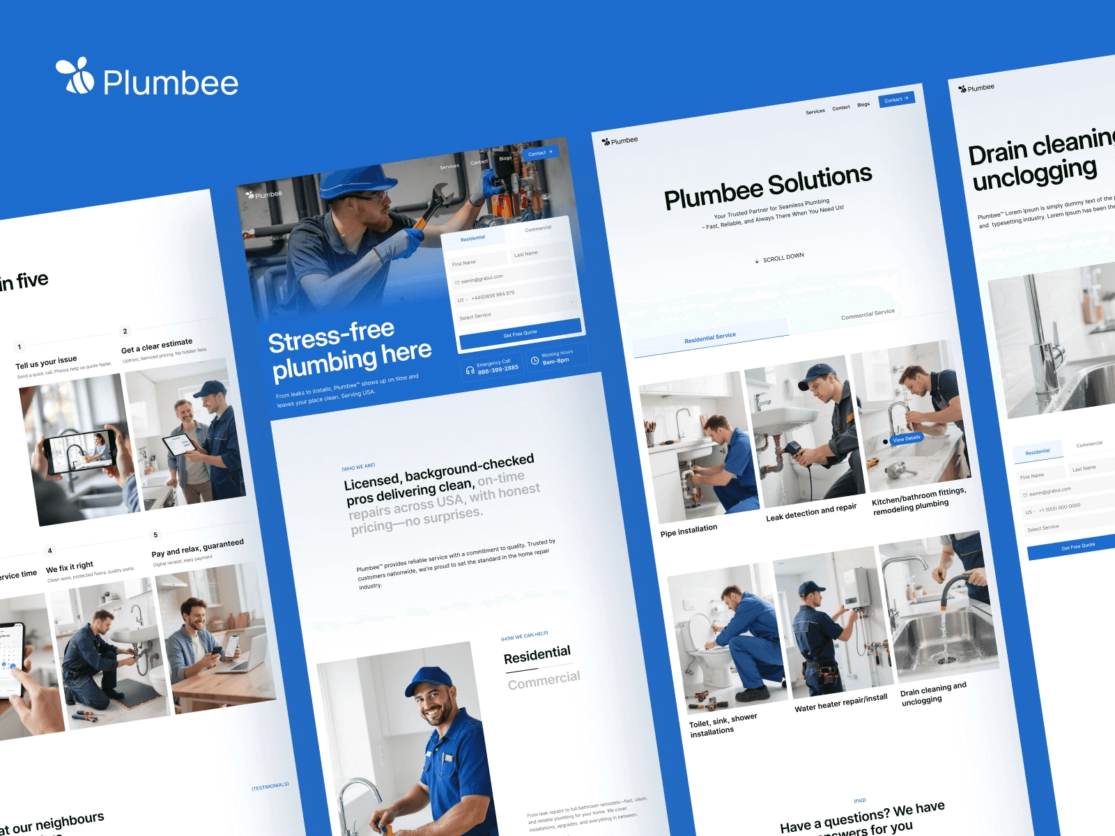 Plumbee plumbing website design featuring blue UI, service photos, and booking forms.
