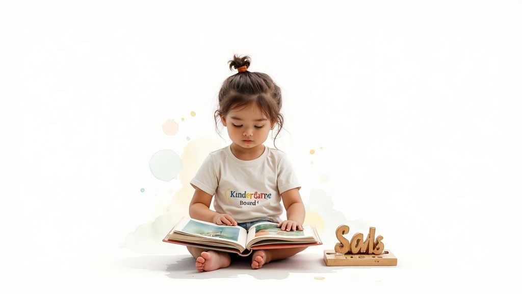 A young child with a bun hairstyle sits on the floor, intently reading an open picture book.