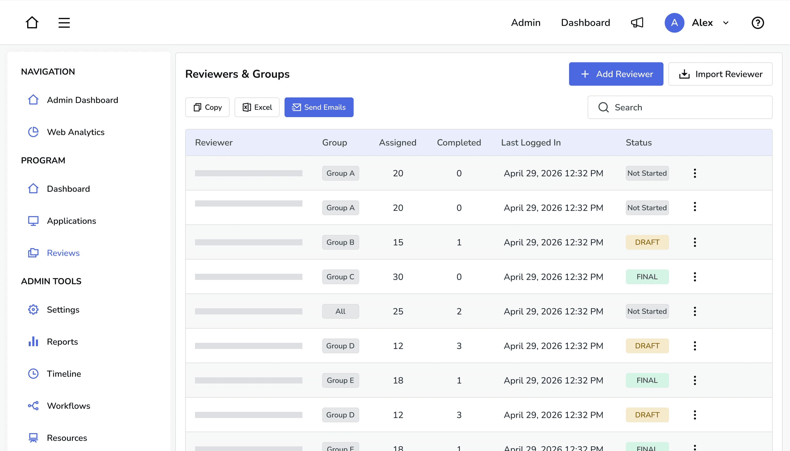 RQ Platform awards management dashboard showing program tasks, applicant activity, and administrator progress