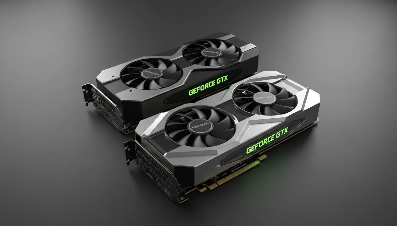 Photorealistic 3D render of two high-end NVIDIA graphics cards, a GTX 1080 Ti and an RTX 20-series, arranged diagonally in a product shot composition. The GPUs feature brushed silver metal and matte black plastic shrouds, with machined details and visible cooling fans. They are placed on a clean, dark gray, matte textured studio surface. The scene is illuminated by soft studio lighting, creating gentle shadows and realistic reflections on the metallic textures. Rendered in Cinema 4D style, ultra-detailed, sharp focus, with subtle film grain.