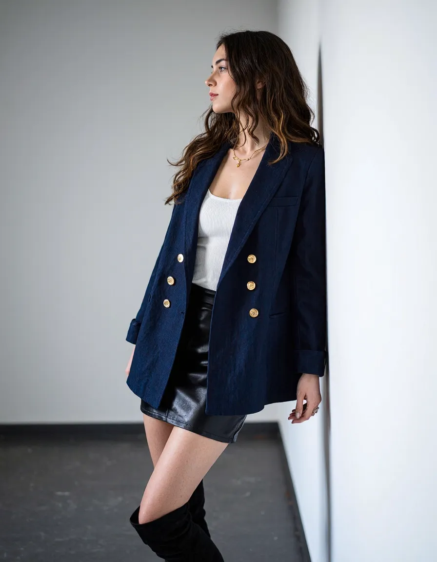 Woman in navy blazer, white top, leather skirt and boots in professional fashion photoshoot with minimal background