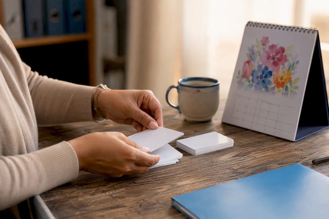 Hands preparing referral cards in hospital office