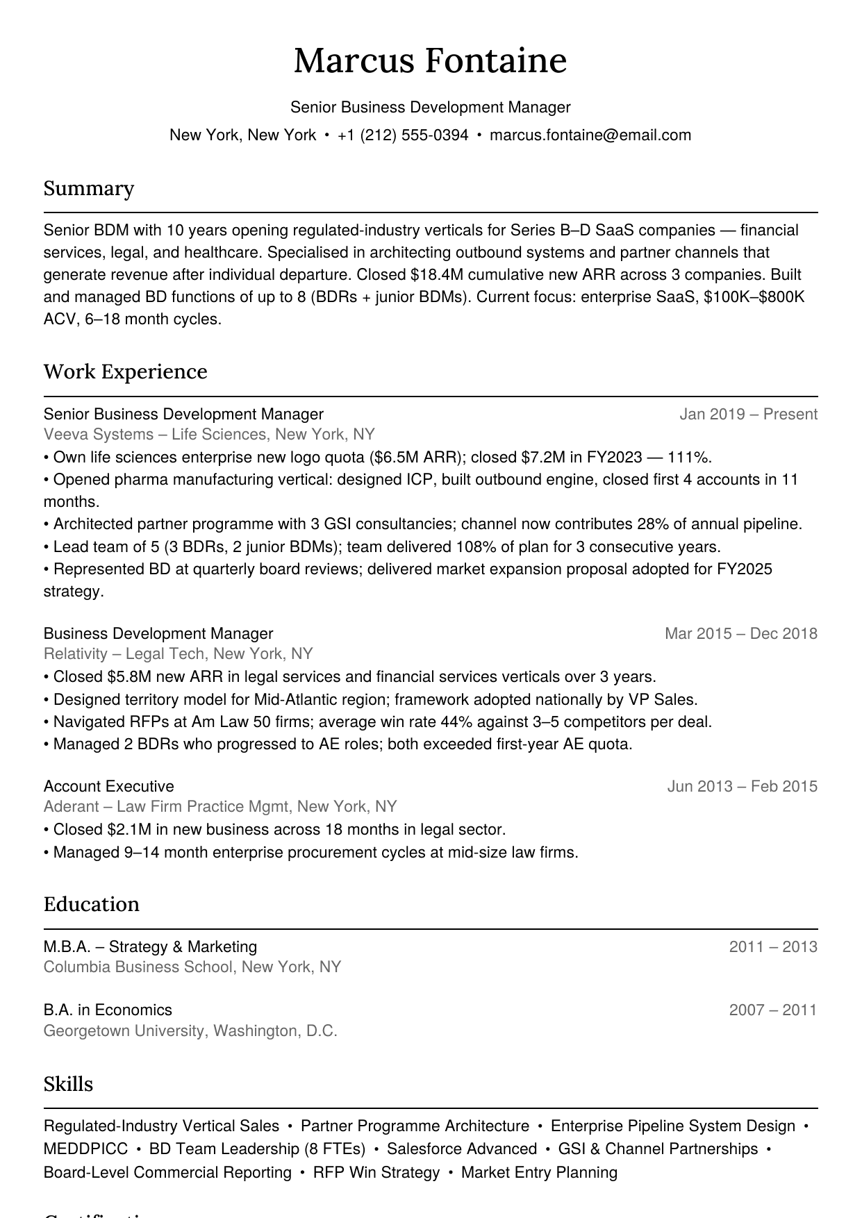 Senior business development manager resume example
