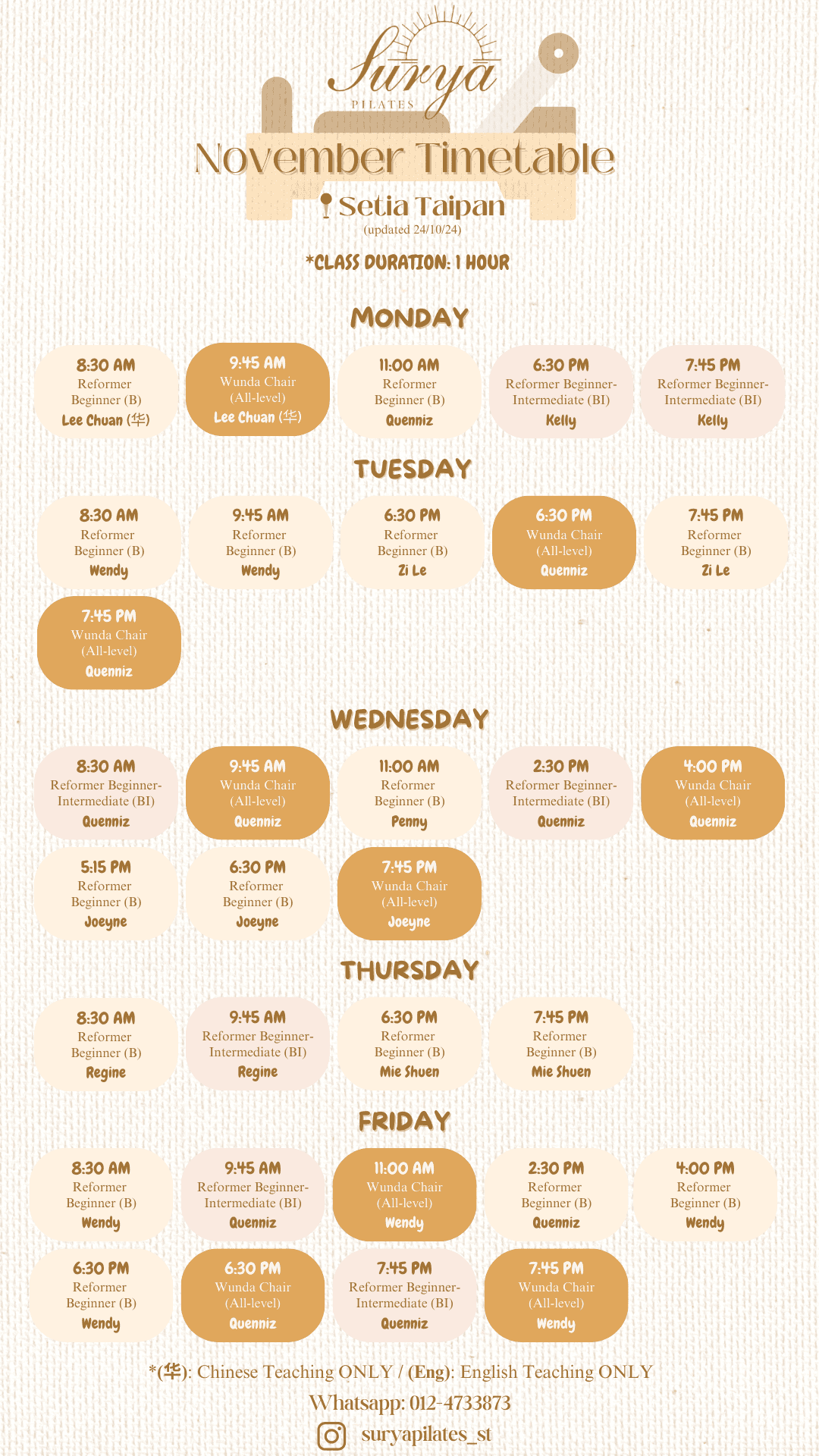 Surya Pilates Setia Taipan Schedule