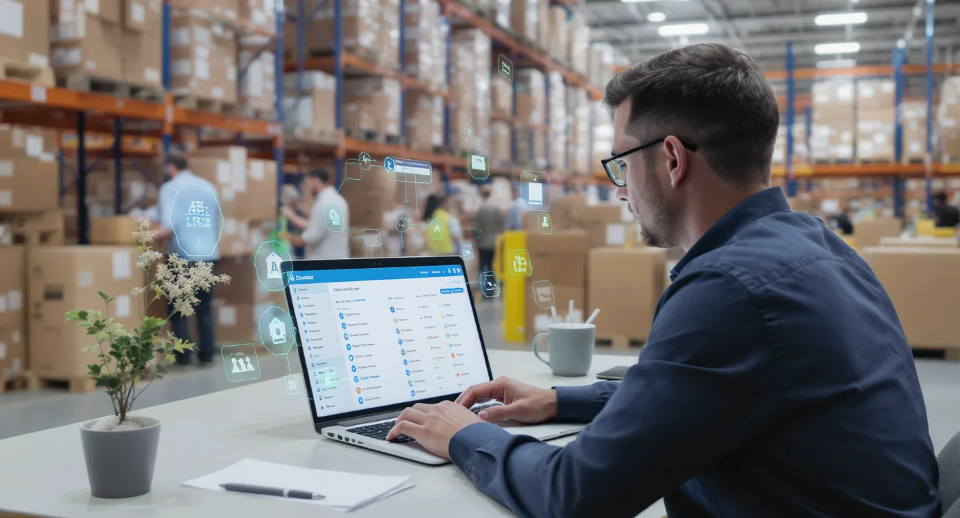 Een mkb-medewerker bekijkt op een laptop hoe een AI-assistent automatisch nieuwe leads aanmaakt in het CRM terwijl collega’s op de achtergrond orders picken in een magazijn.