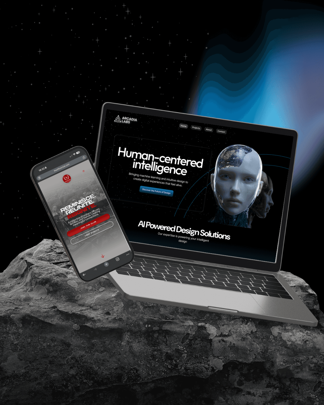 Image showing two website examples designed by Light + Logic Digital, displayed on a laptop and phone screen. The background showcases a futuristic design theme with human-centered intelligence visuals.
