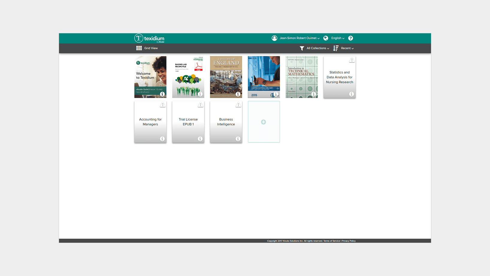 Screenshot of the Texidium web application showing the library page. A the top, a teal header with the Texidium logo, user avatar, and language selector; below it a dark toolbar labeled Grid View with two filters; and a white content area with eight document cards, three with cover thumbnails and five grey placeholders, each card displaying an info icon and some a warning symbol.